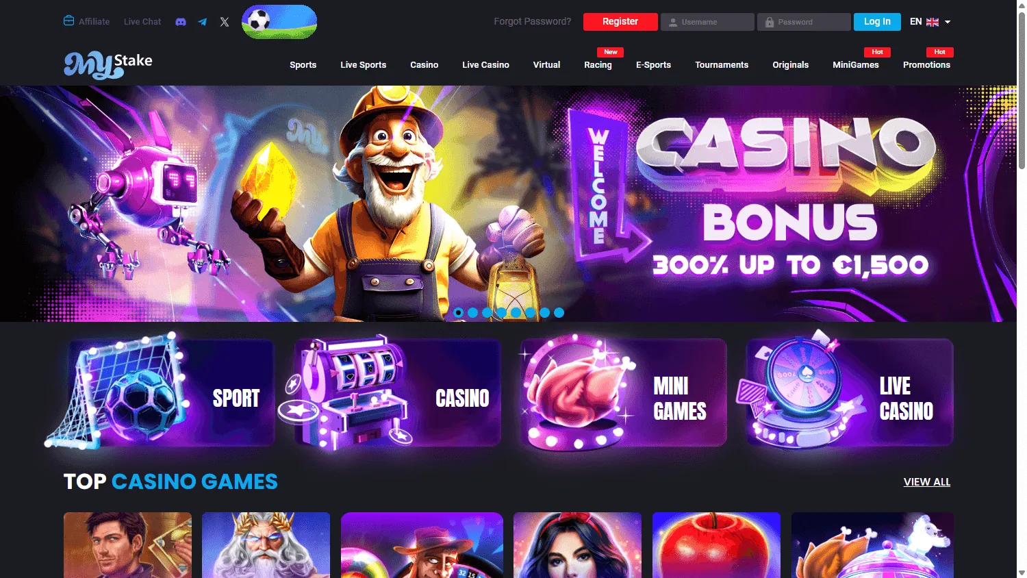 MyStake Casino desktop home interface