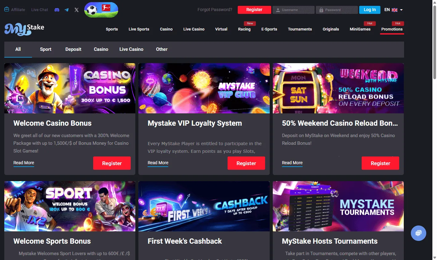 MyStake Casino desktop promotions area