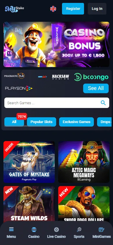 MyStake Casino mobile games catalogue