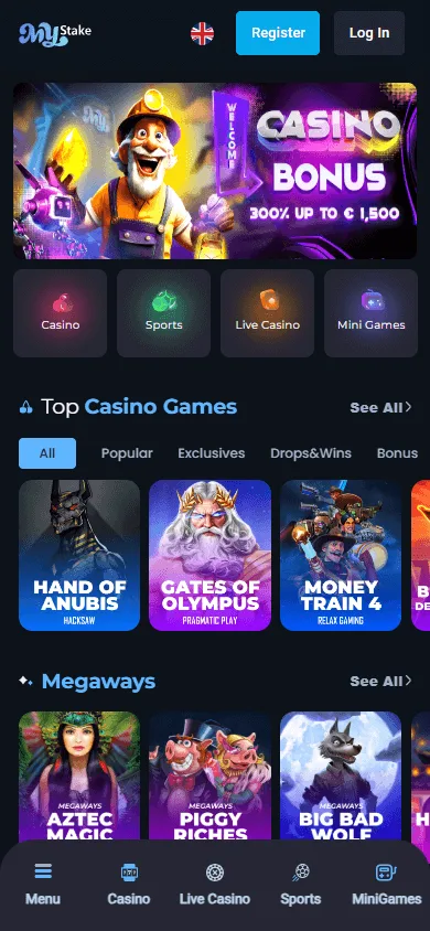 MyStake Casino mobile home interface